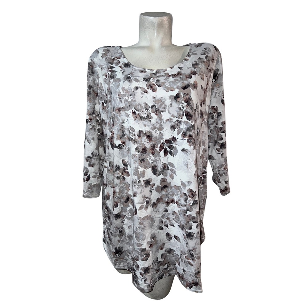 Pure Jill J. Jill Top Affinity French Terry Floral Tunic Grey Mauve Plus Size 2X